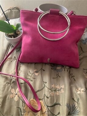 Thacker New York. “LePouch”Fuchsia Suede Ring-Handle Crossbody Tote